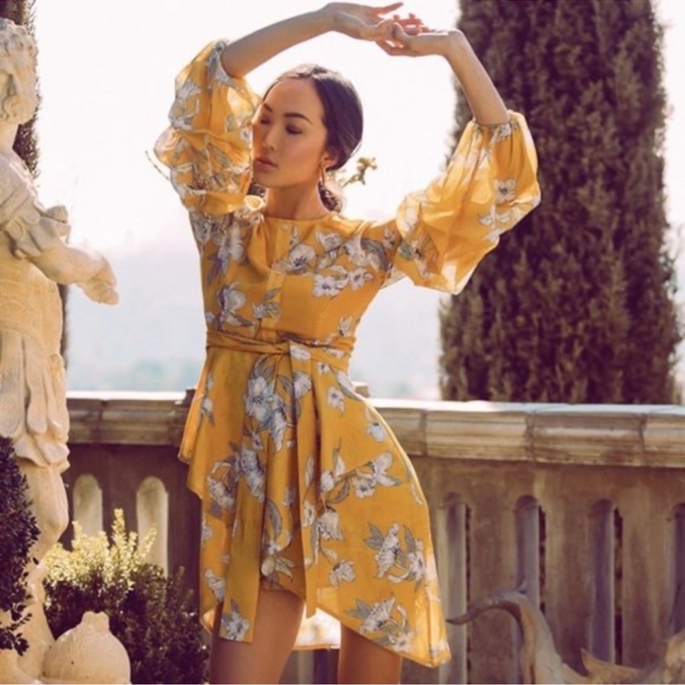 Chriselle x JOA Yellow Floral Puff Sleeve Mini Dress S - Picture 3 of 13
